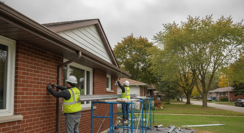 A run of new seamless aluminum eavestrough being hung along the fascia of a bungalow in Kitchener, Ontario